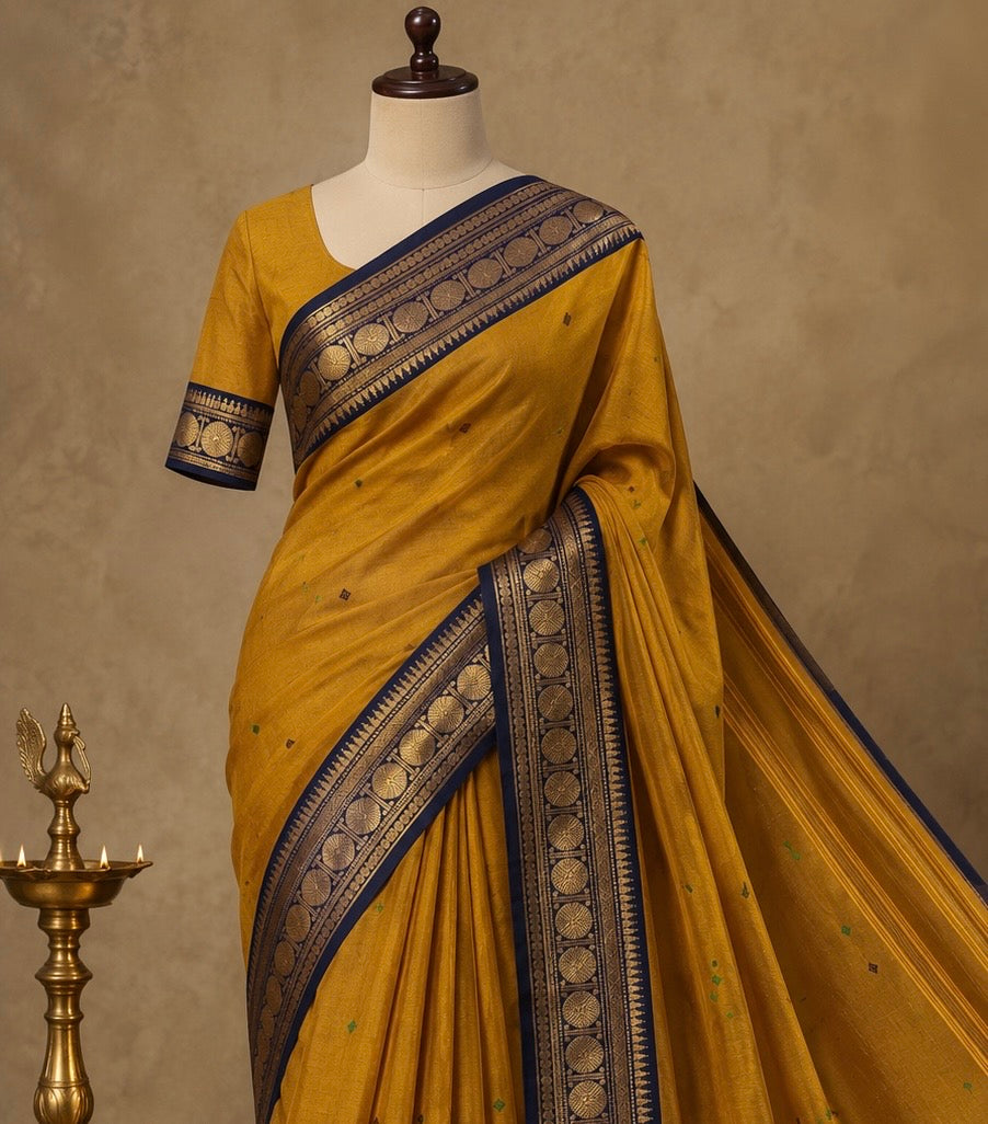 Vintage mustard blue Kanchi cotton Saree