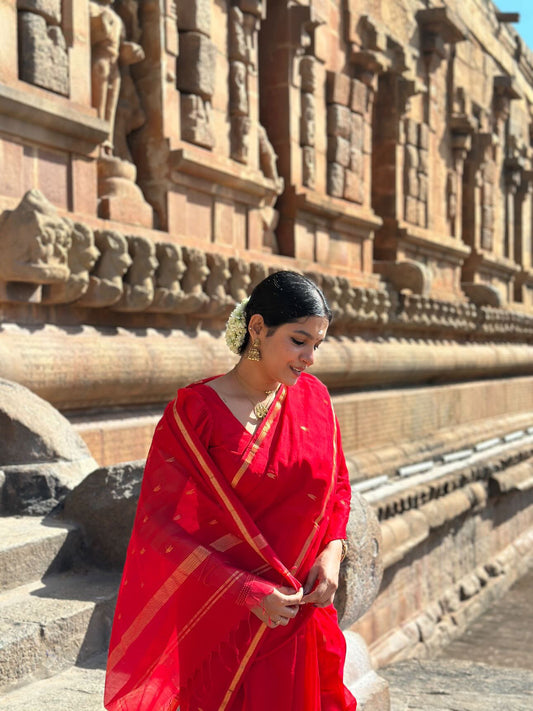 Kalyanika" (कल्याणिका) Handloom Maheshwari Silk Cotton Sarees Red  KM02