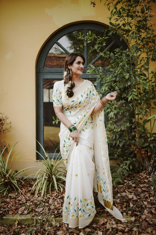 Kanikonna embroidered Kerala cotton Saree Vishu special