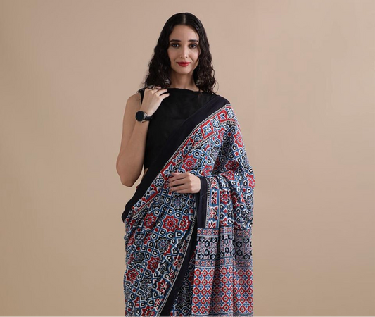Vasantika (वसन्तिका) Jaipur Hand Block printed Soft Cotton Sarees, Geometric pattern VA05
