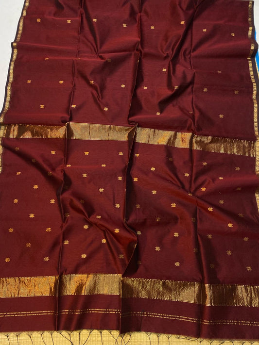 Kalyanika (कल्याणिका) Handloom Maheshwari Silk Cotton Sarees, Brown  KM08