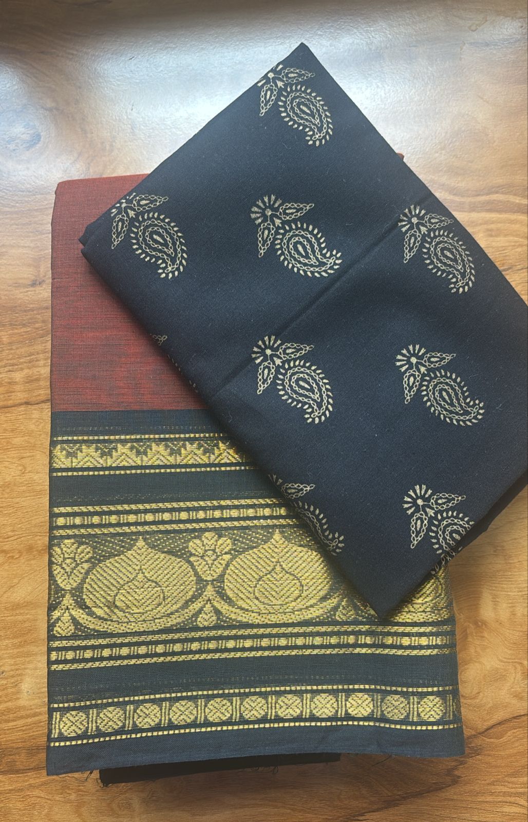 Classic Brown with black Chettinad Cotton Saree with printed blouse
