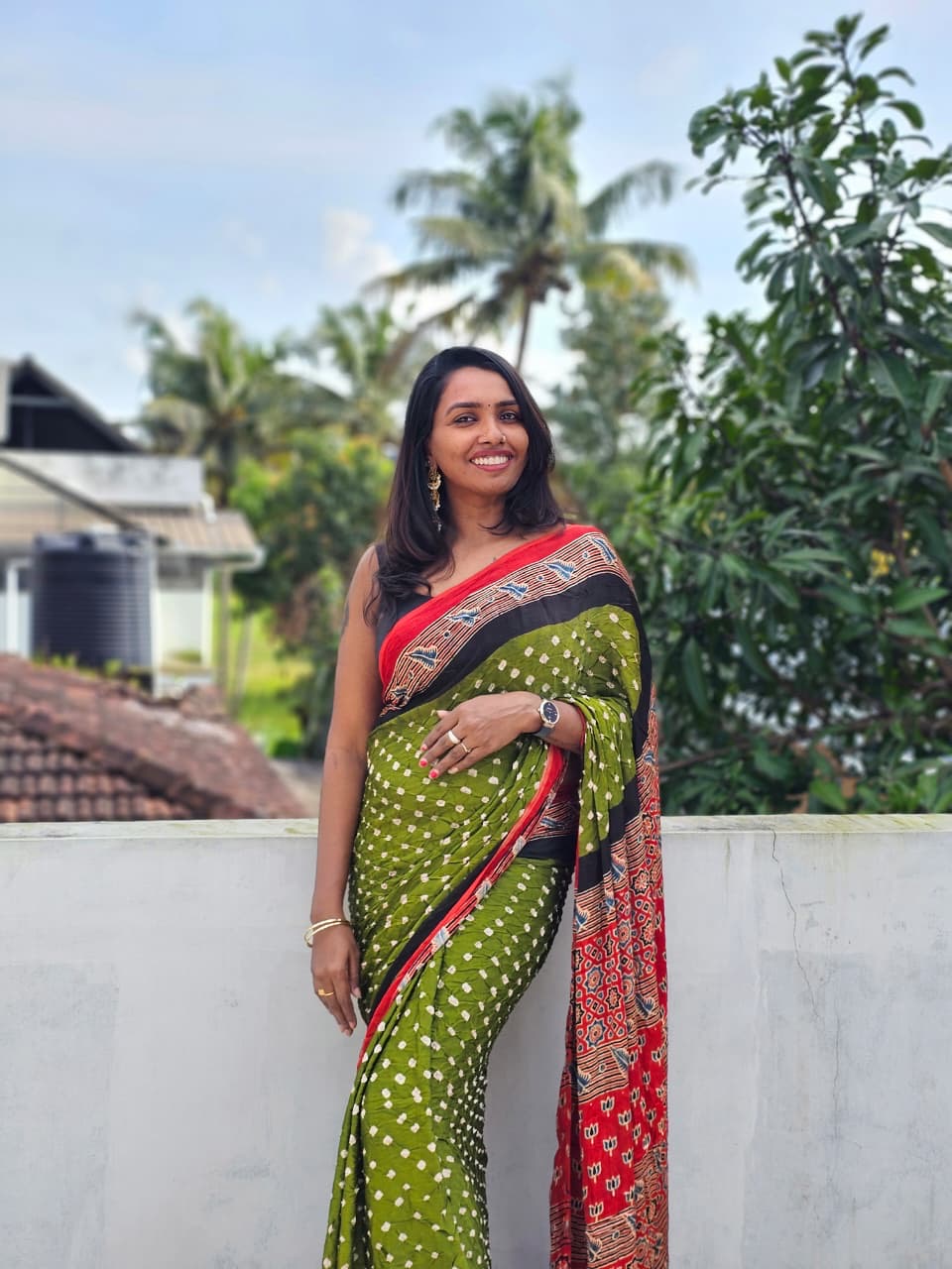 Modal silk Ajrakh block printed Hand Bhandej Sarees Green