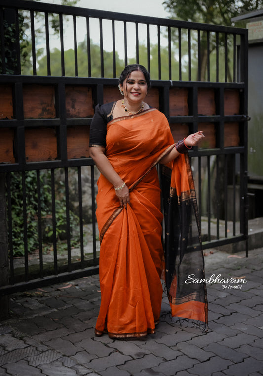 Kalyanika Maheshwari silk saree rust orange black combo Shibla Fara’s choice