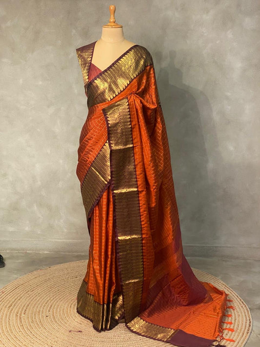 Rust orange Fancy Banarasi Silk Saree
