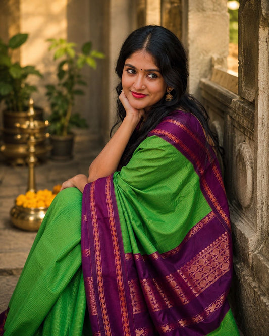 Rudraksha border green and purple Kalyani cotton Sarees