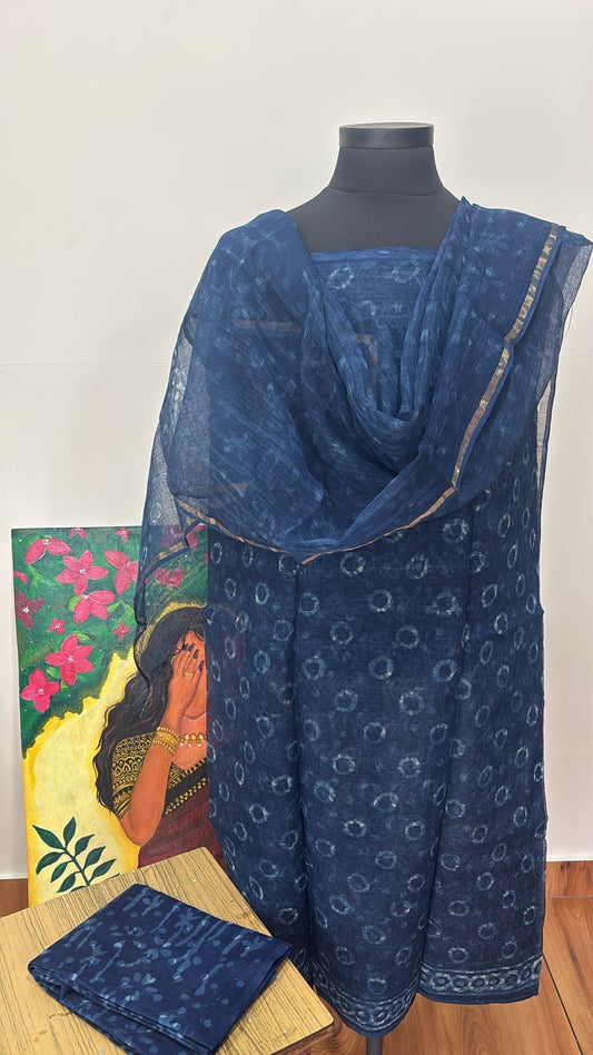 Indigo Hand block printed Kota Doria Suit Sets Unstitched