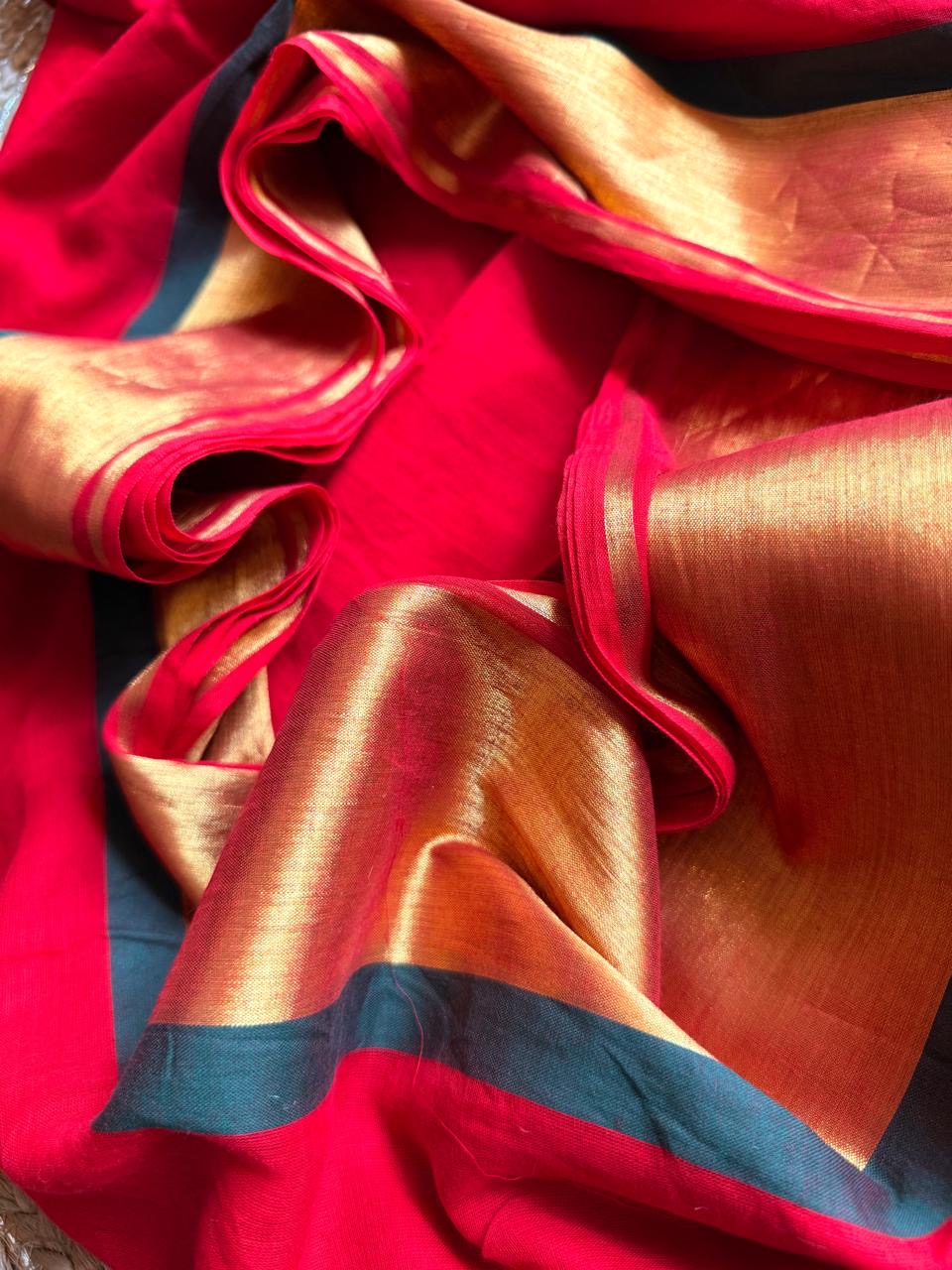 Festive red with green border handloom mal saree