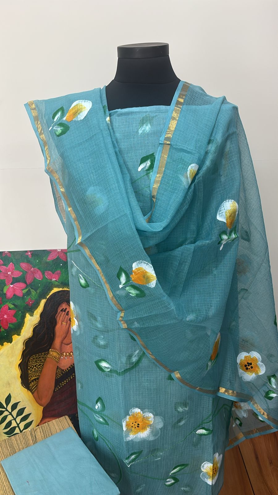 Hand painted floral Kota Doria Suit Set Unstitched