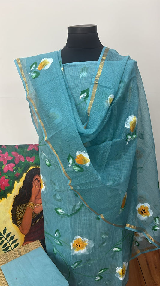Hand painted floral Kota Doria Suit Set Unstitched