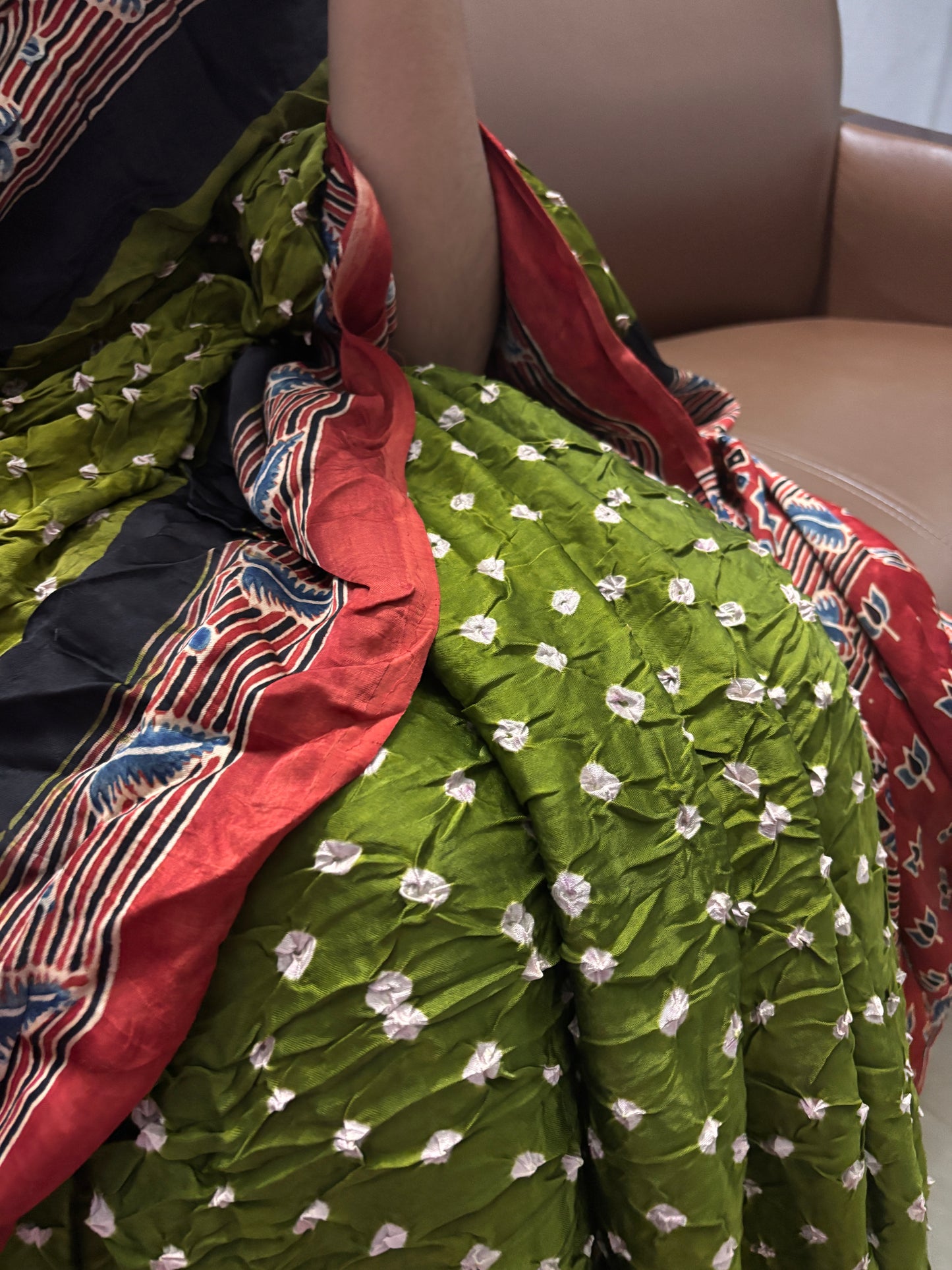 Modal silk Ajrakh block printed Hand Bhandej Sarees Green