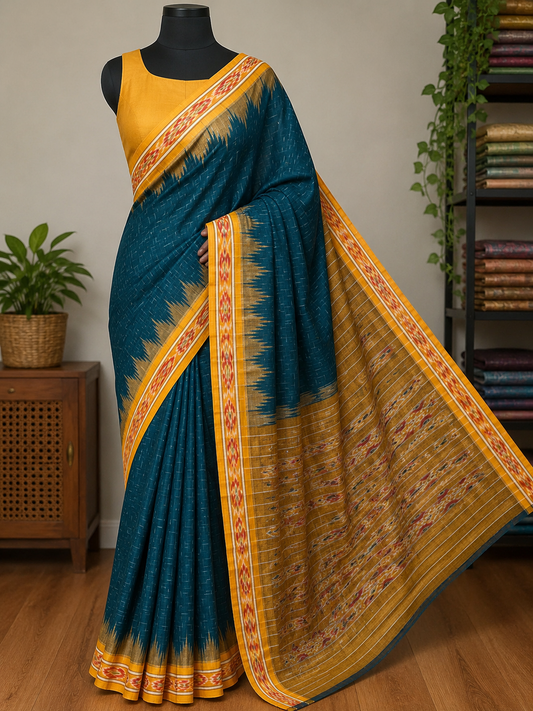 Sambalpuri Odisha Handloom cotton saree Green and Yellow