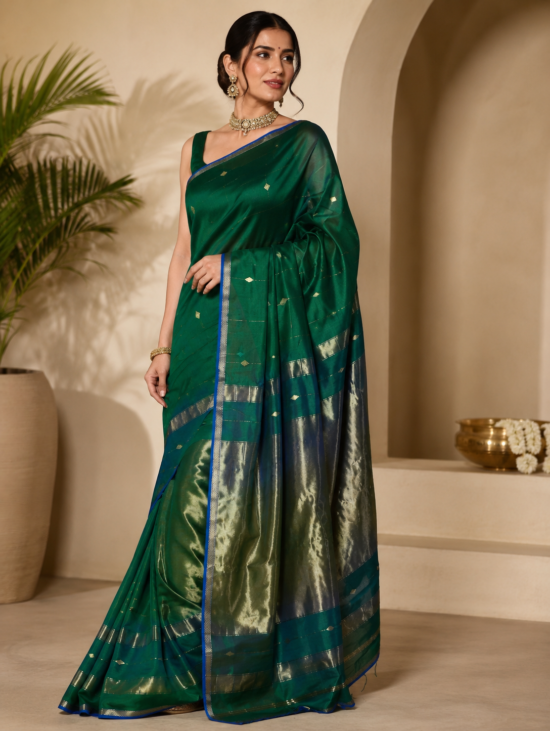 Festive Green with blue piping Maheshwari handloom Silk Cotton Saree