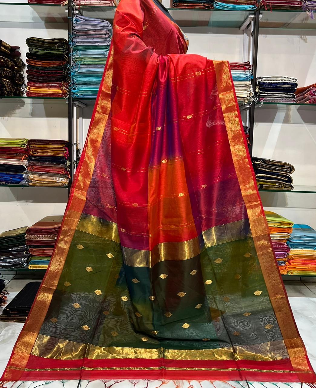 Festive Maheshwari silk cotton Saree with butti lines & butta Pallu