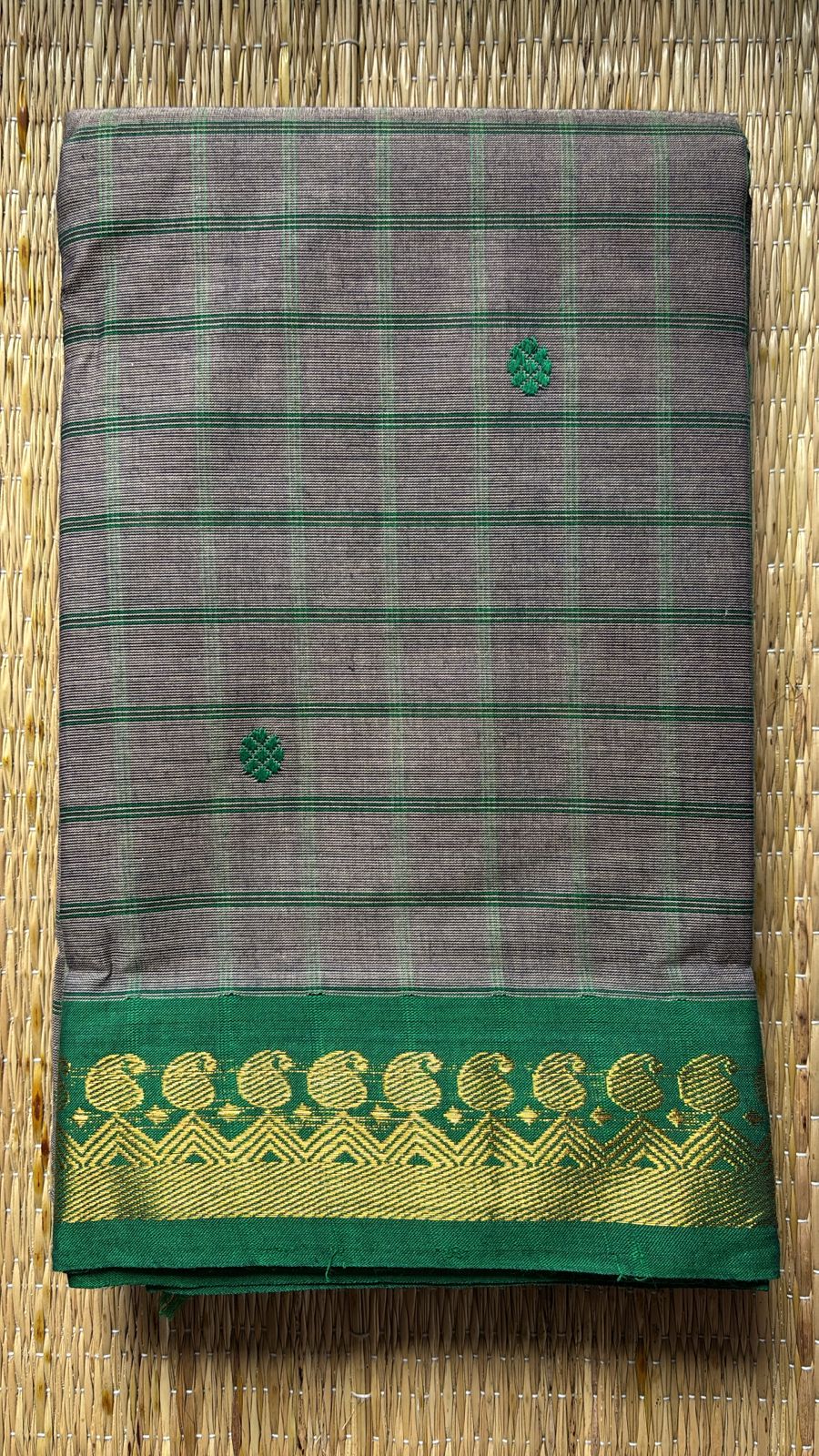Sangita vintage grey green check cotton saree without blouse piece