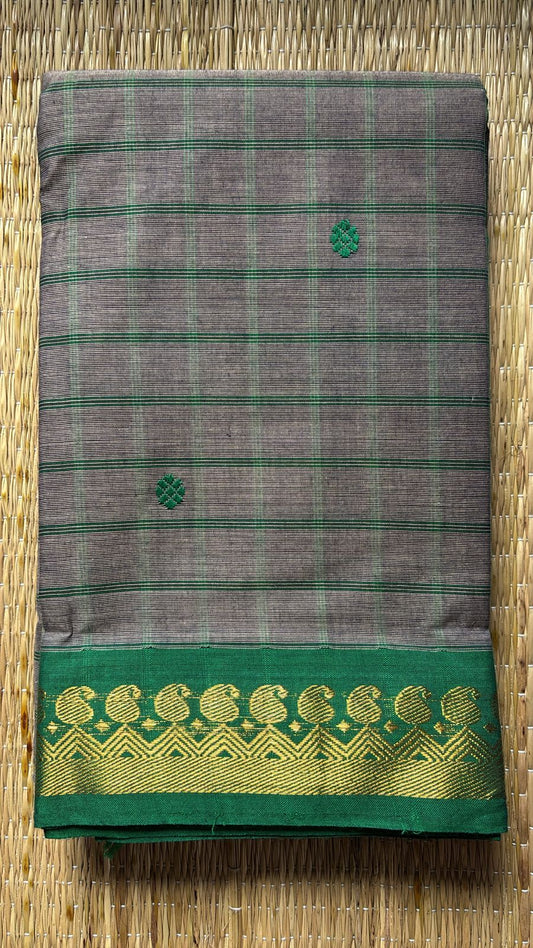 Sangita vintage grey green check cotton saree without blouse piece