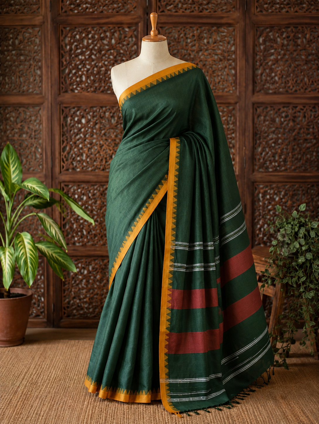 Dhaniakali handloom marked pure cotton Green Saree