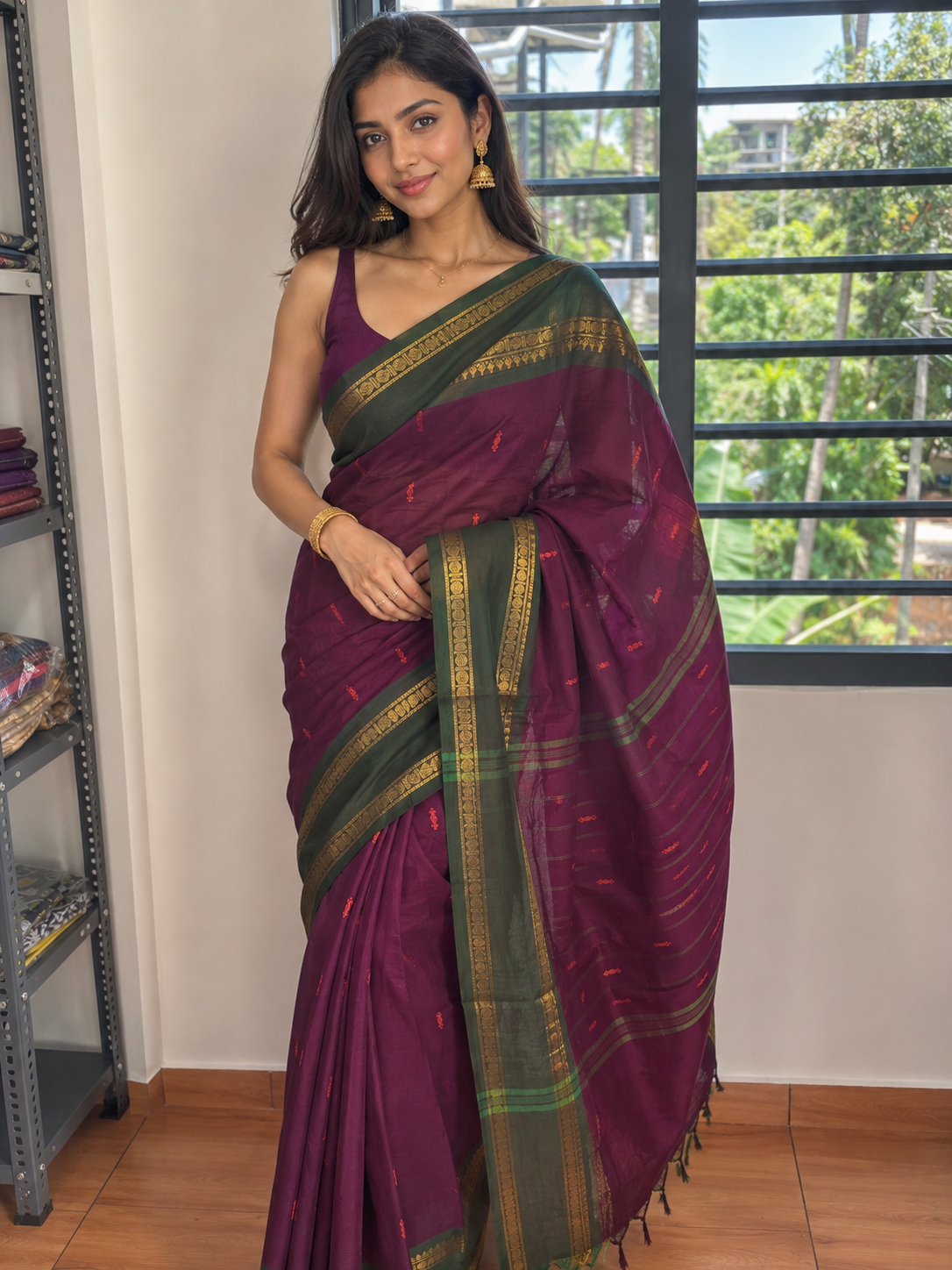 Vintage Kanchi Cotton Saree with blouse Wine shade with green border
