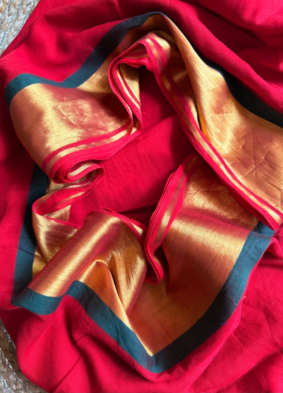 Festive red with green border handloom mal saree