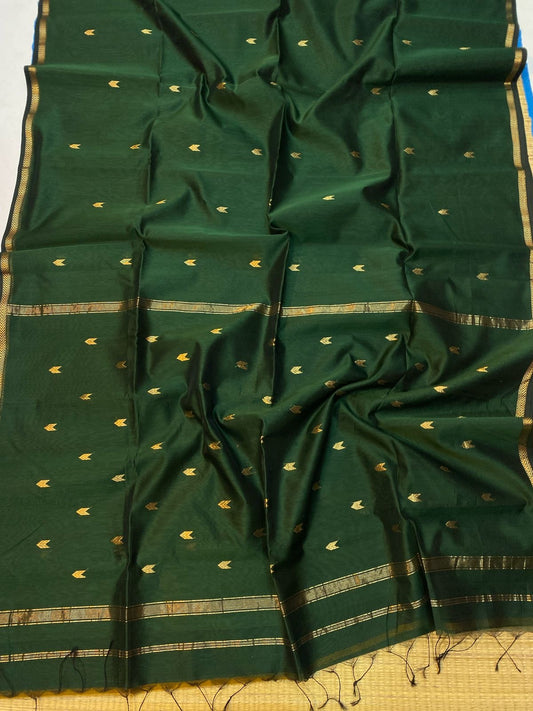 Kalyanika(कल्याणिका) Handloom Maheshwari Silk Cotton Sarees, Bottle green KM05