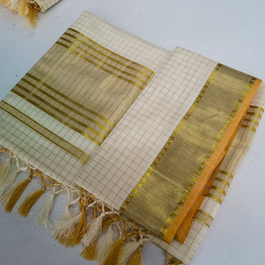 Cotton checks with yellow kasav piping Kerala Set Saree