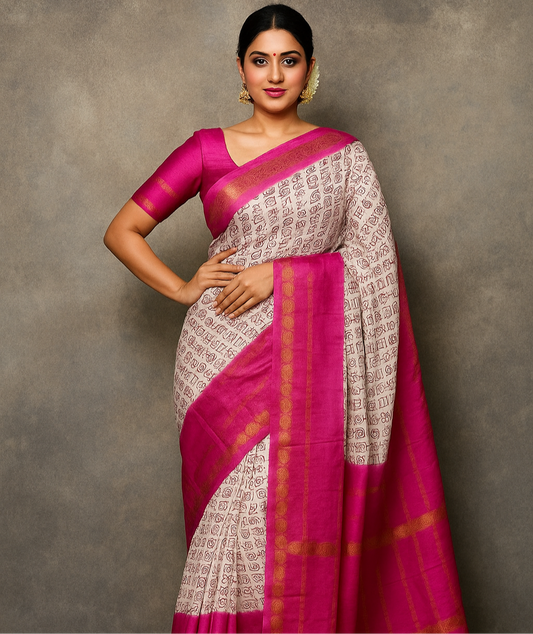 Tarangini Tamil letters with rudraksha border Sungudi Cotton Saree in powder pink shade