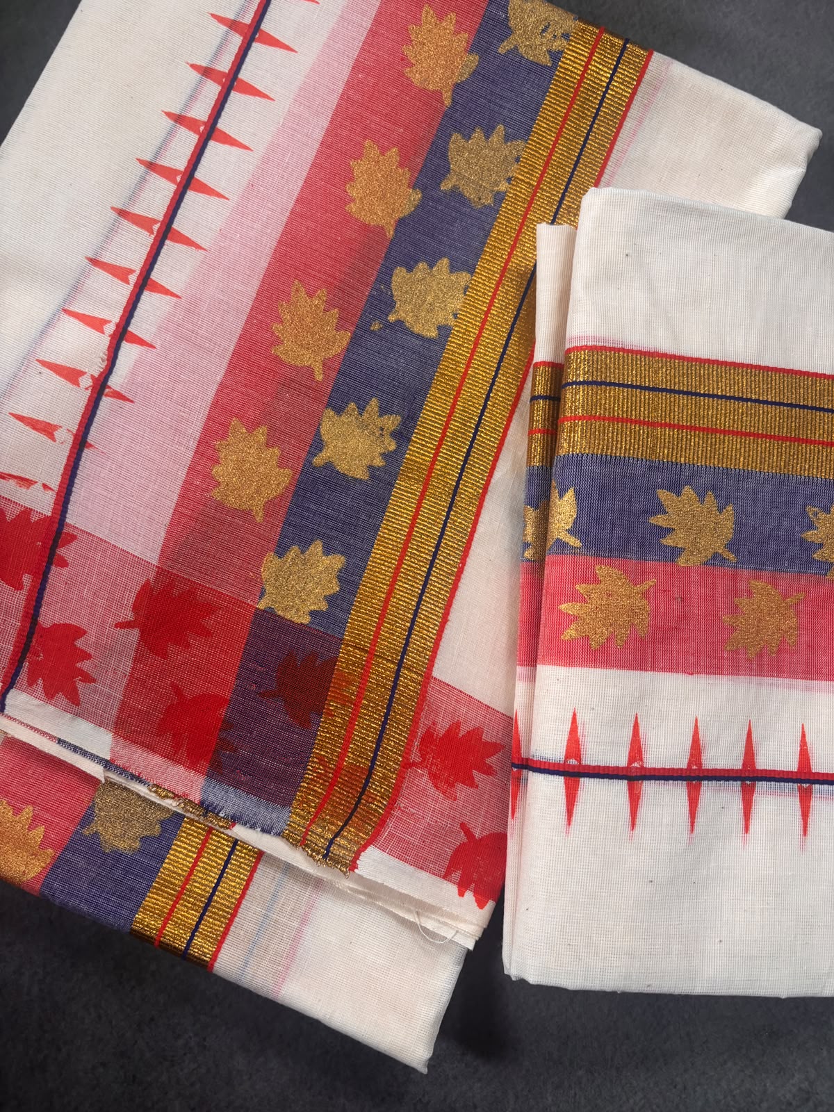 Multicolour kasavu leaf foil pattern cotton Set Mundu