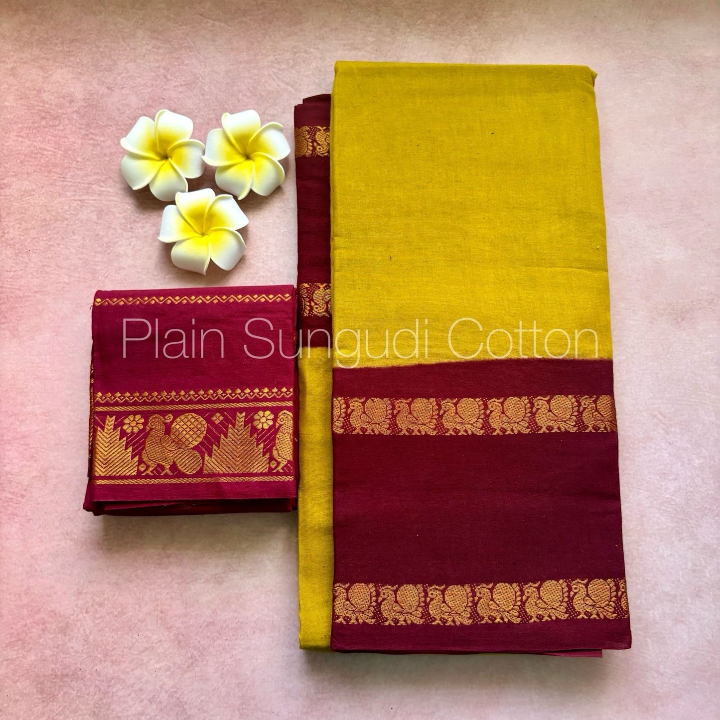 Sungudi cotton retta petta border Saree with contrast Pallu and border mustard and maroon