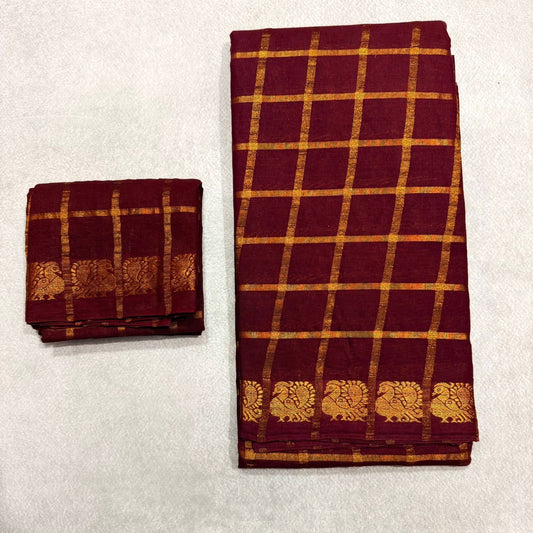 Maroon Zari kattam Sungudi handloom Saree with running blouse