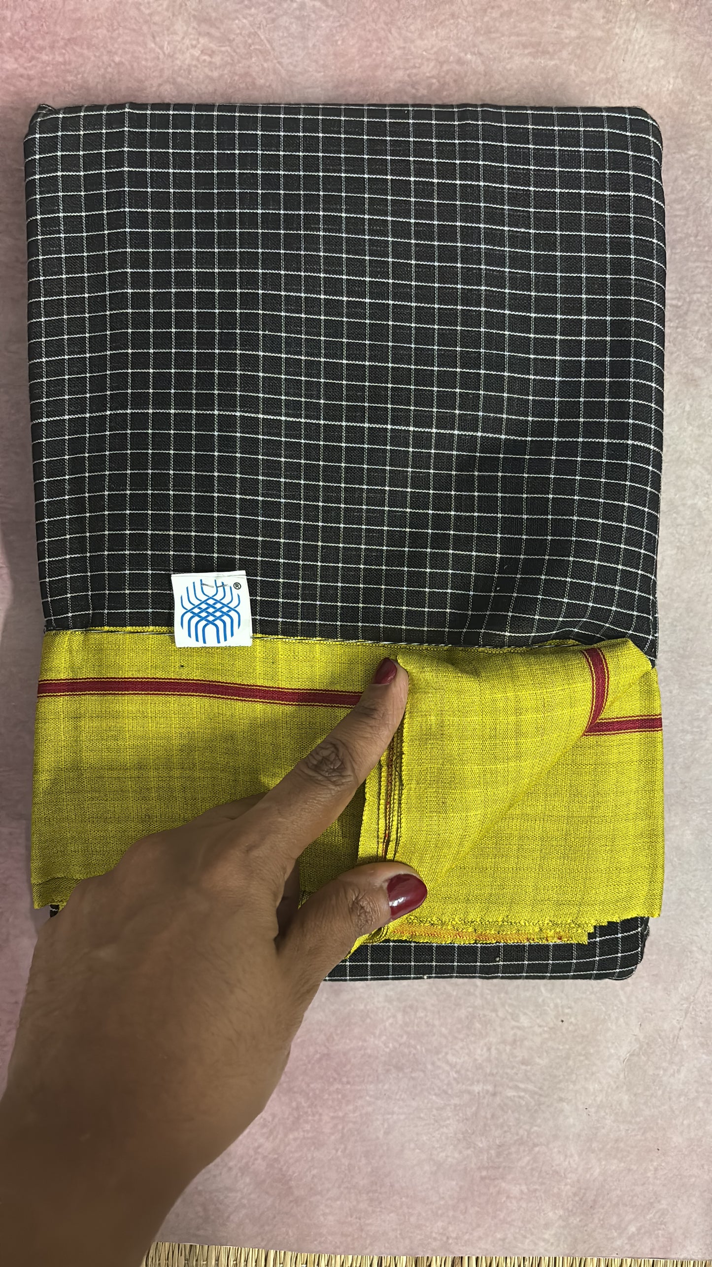 Patteda Aanchu handloom marked Cotton Saree Black and lemon yellow