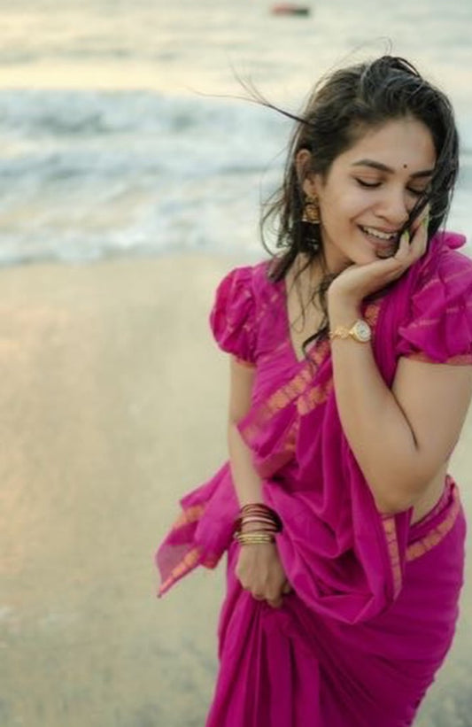 Tarangini Majenta handloom sungudi plain sarees, Sithara’s choice