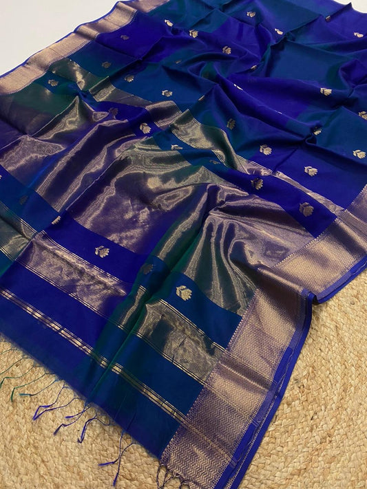 Kalyanika Maheshwari silk cotton Saree with flower buttas Royal blue