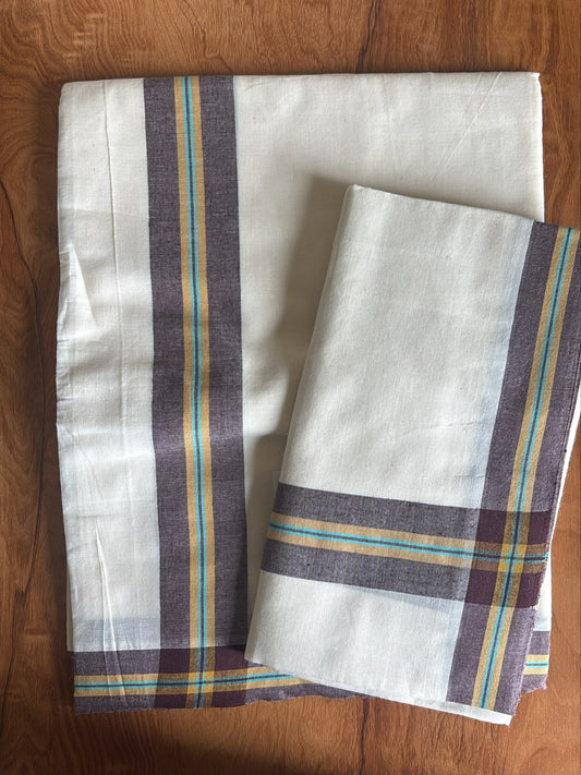 Mulloth daily wear pure cotton set Mundu brown with yellow blue stripes border