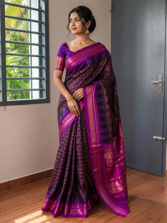 Mercerised Temple Border Gadiwal Ilkal Saree Chikki Paras with Tope Pallu