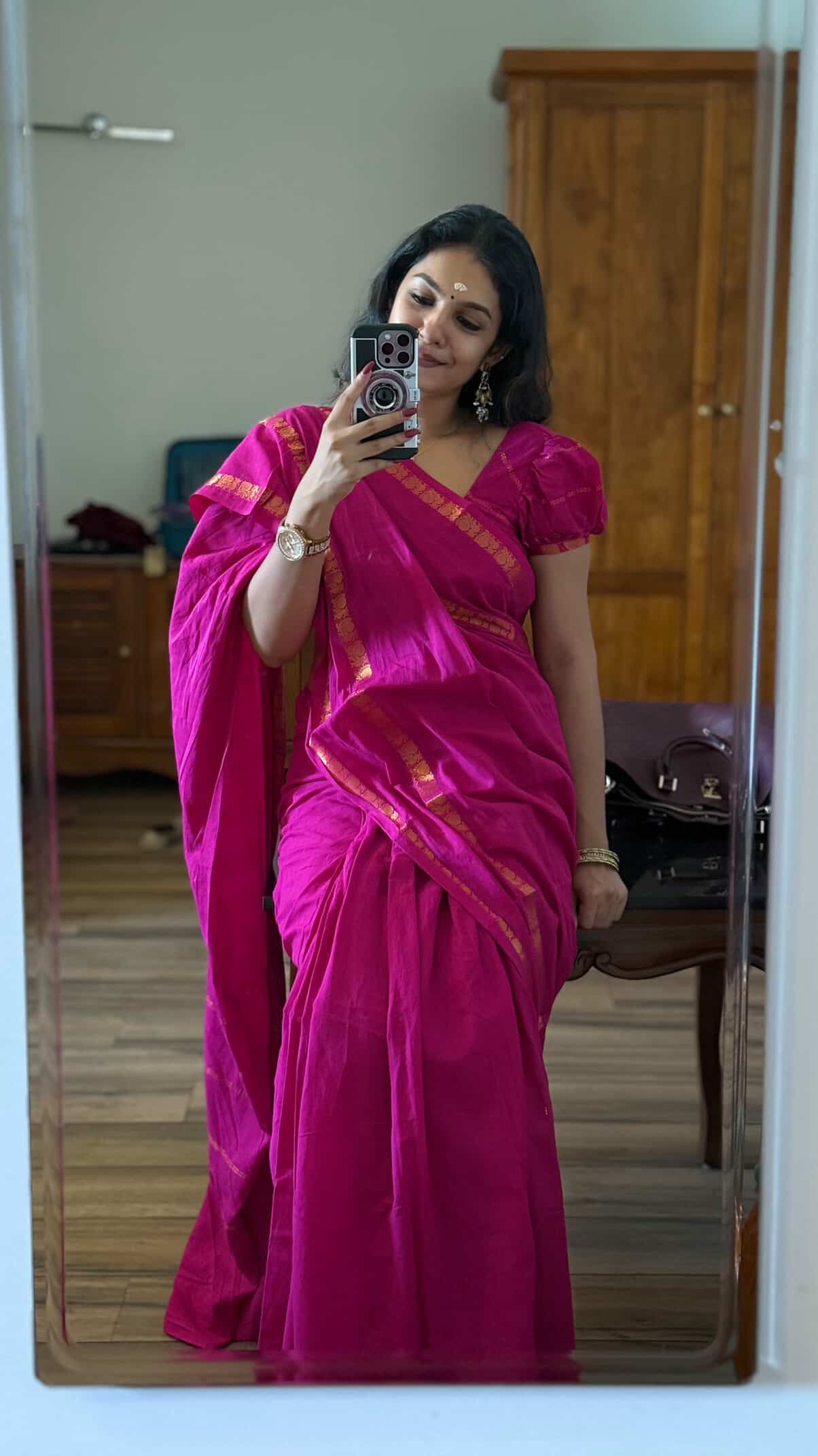 Tarangini Majenta handloom sungudi plain sarees, Sithara’s choice