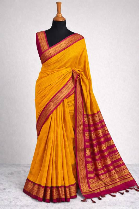 Apsara Kalyani cotton Checks Saree mango yellow and Pink