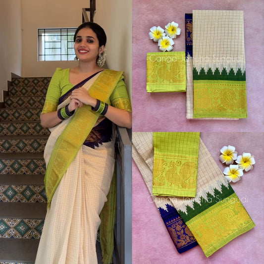 Tarangini Ganga jamuna beige zari kattam sungudi cotton saree violet and green temple borders with blouse piece