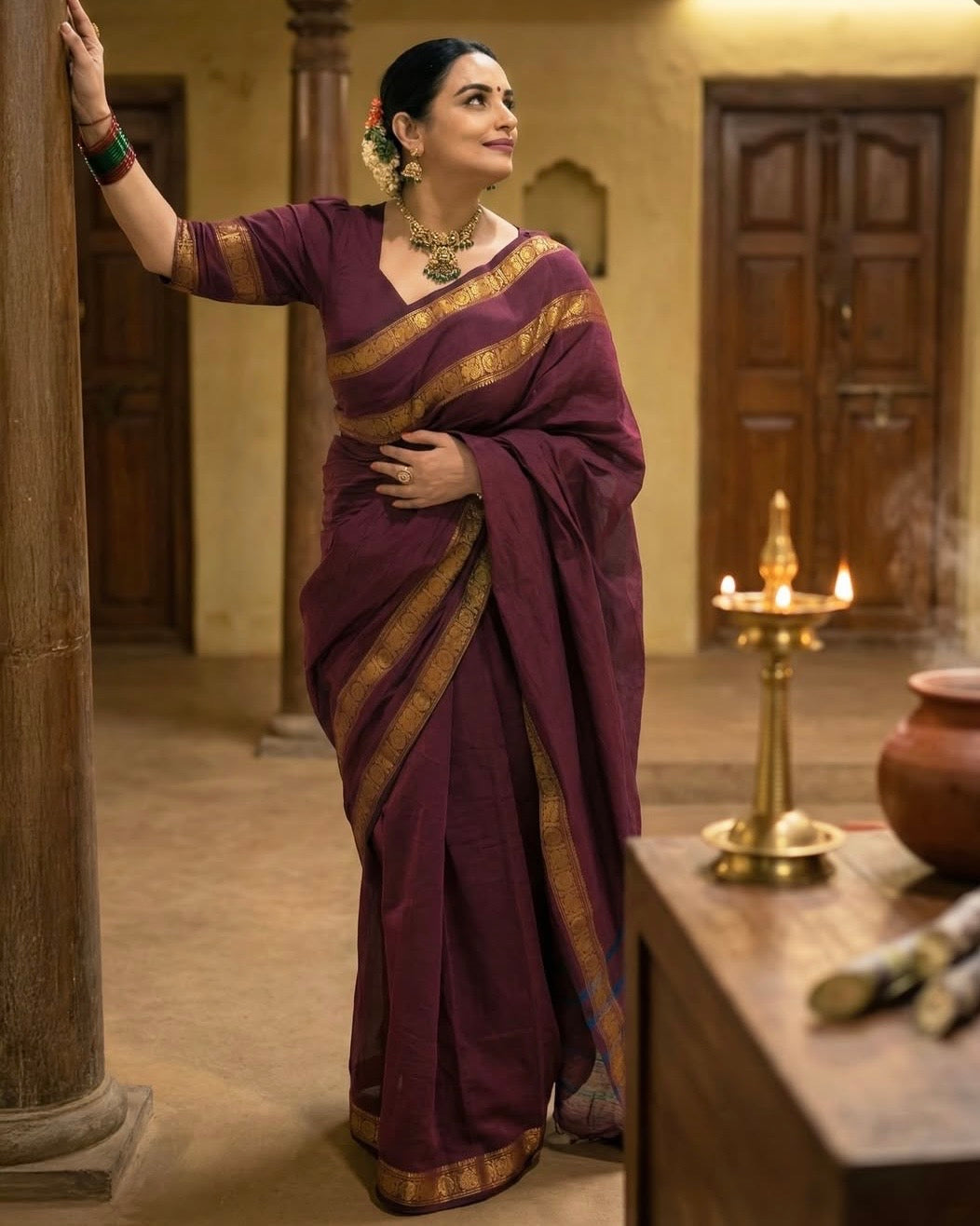 Vintage Chettinad Cotton saree with blouse Majenta Shwetha Maam’s Choice