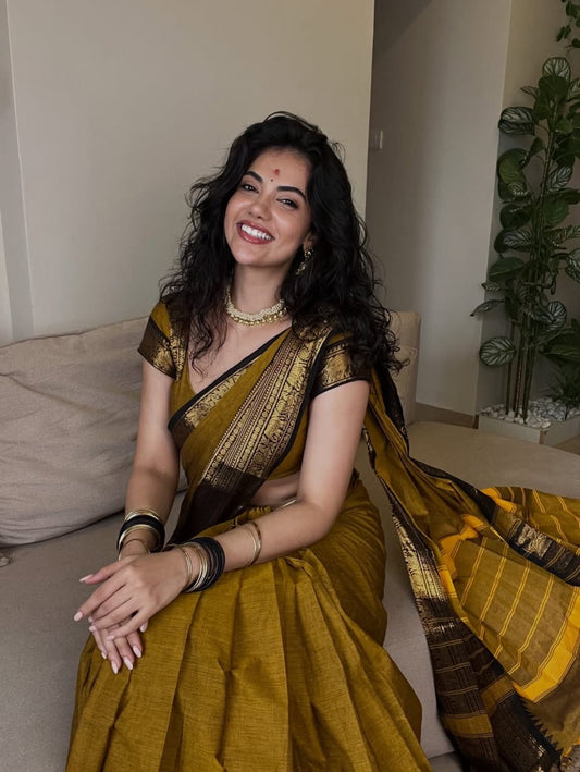 Sangita mustard black Chettinad cotton saree