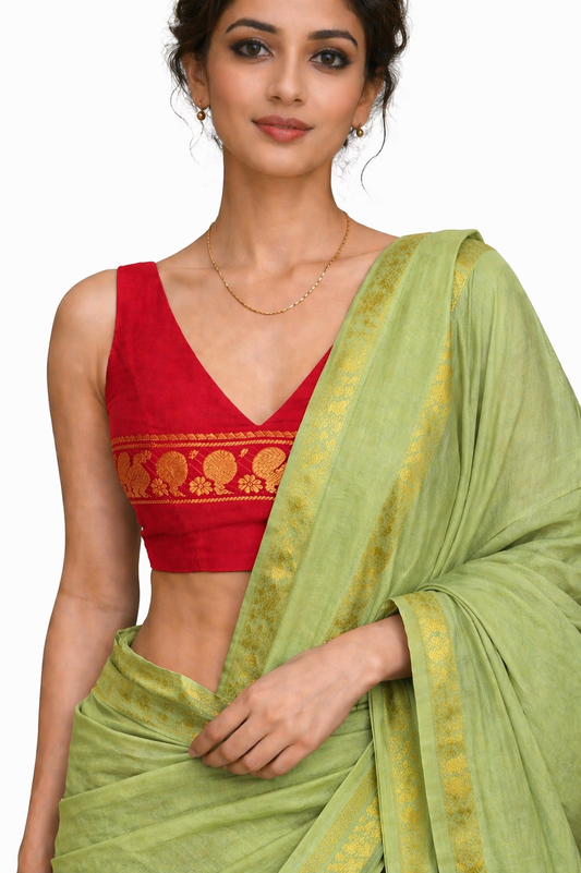 Festive Green Sungudi handloom cotton Saree with red blouse