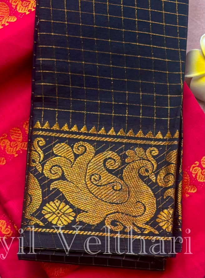 Peacock motif zari kattam Sungudi handloom blouse piece black BLS11