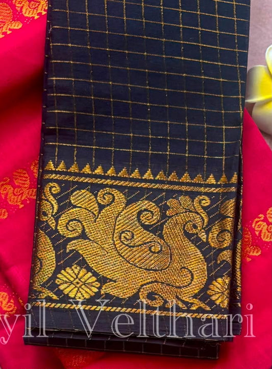 Peacock motif zari kattam Sungudi handloom blouse piece black BLS11