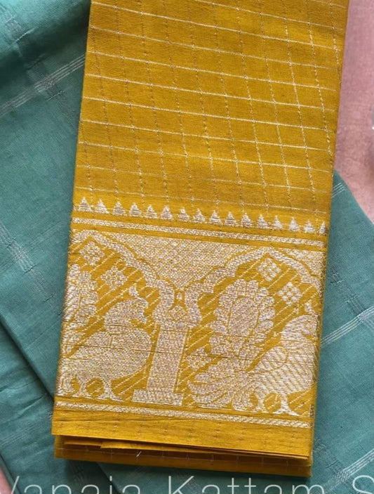 Handloom Sungudi cotton silver zari kattam blouse fabric  yellow BLS17
