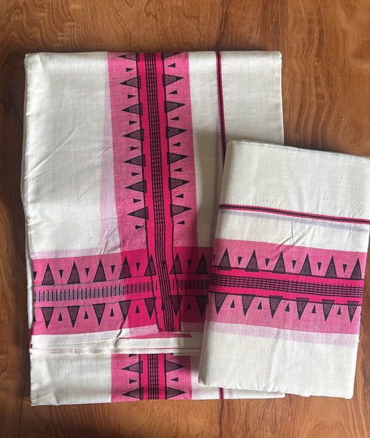 Classic kattikara Cotton temple border pink set Mundu
