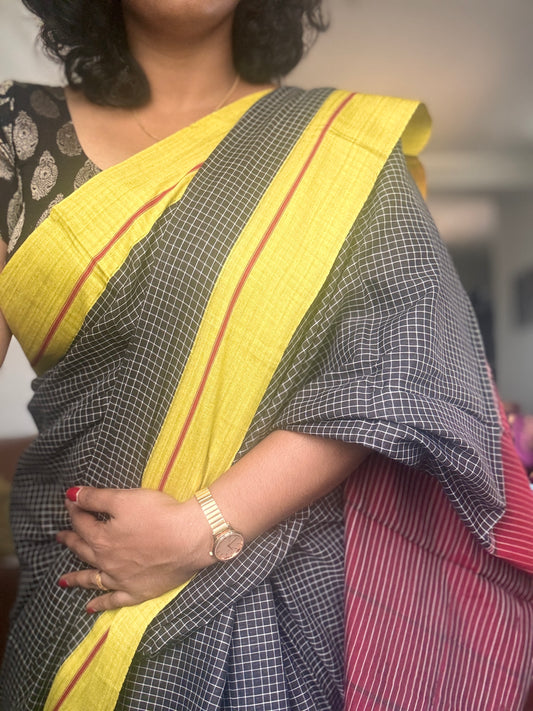 Patteda Aanchu handloom marked Cotton Saree Black and lemon yellow