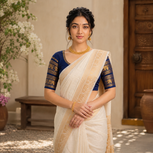Handloom Sungudi cotton mayuri dual peacock border saree with blue blouse