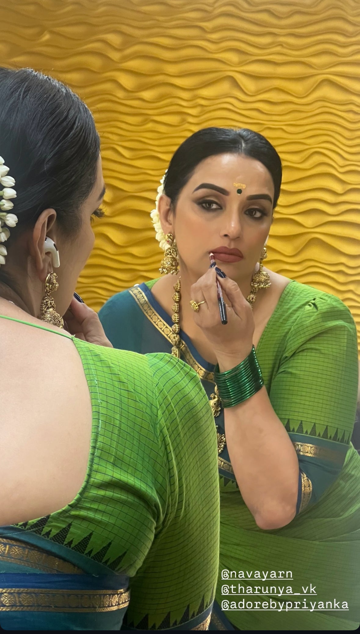 Sangita vintage korvai checks green saree with contrast border Shwetha Menon’s choice