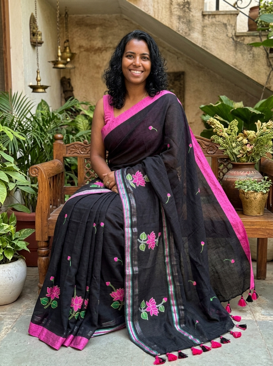 Light weight embroidered mal cotton Sarees without blouse VIHN01