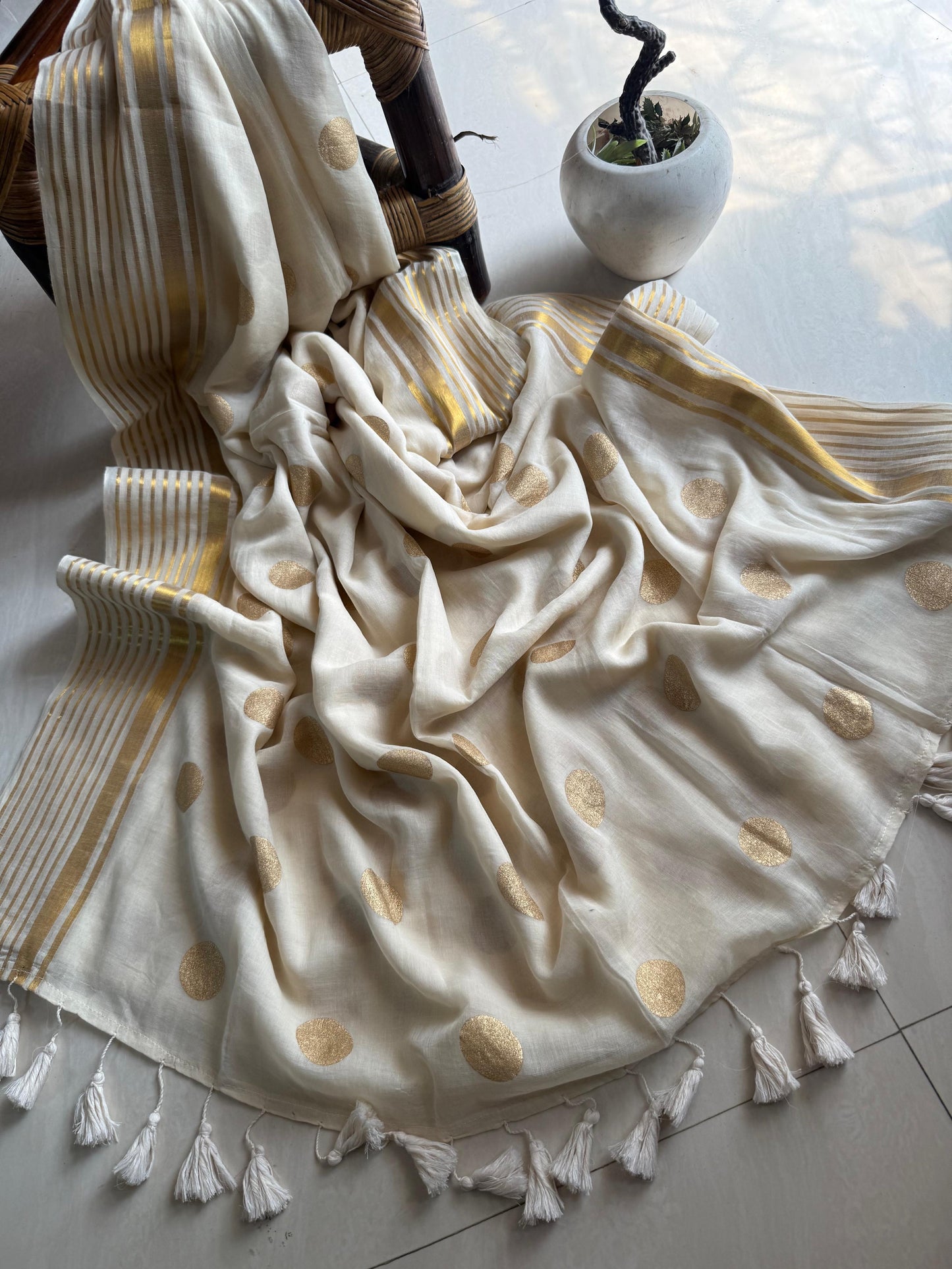 Golden polka handloom Mul Mul Saree Festive edit