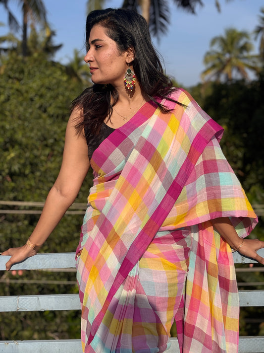 Handloom checked Multi colour mal cotton Saree